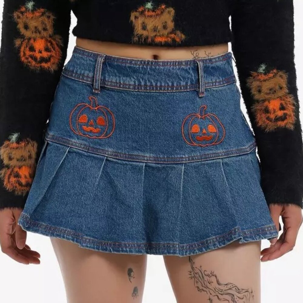 Halloween Jack-O'-Lantern Pumpkin Pleated Denim Skirt